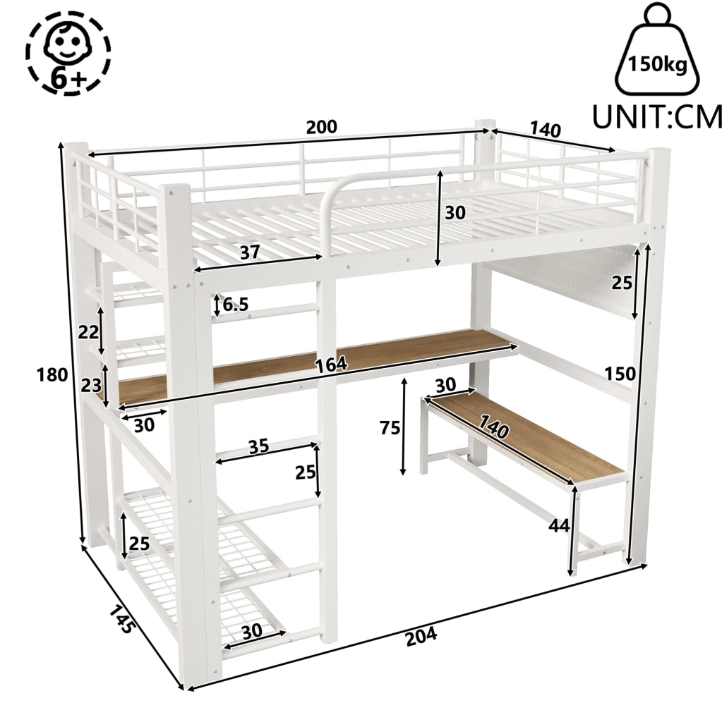 Letto a soppalco 140x200 cm in metallo con scrivania, LED e scaffali bianco
