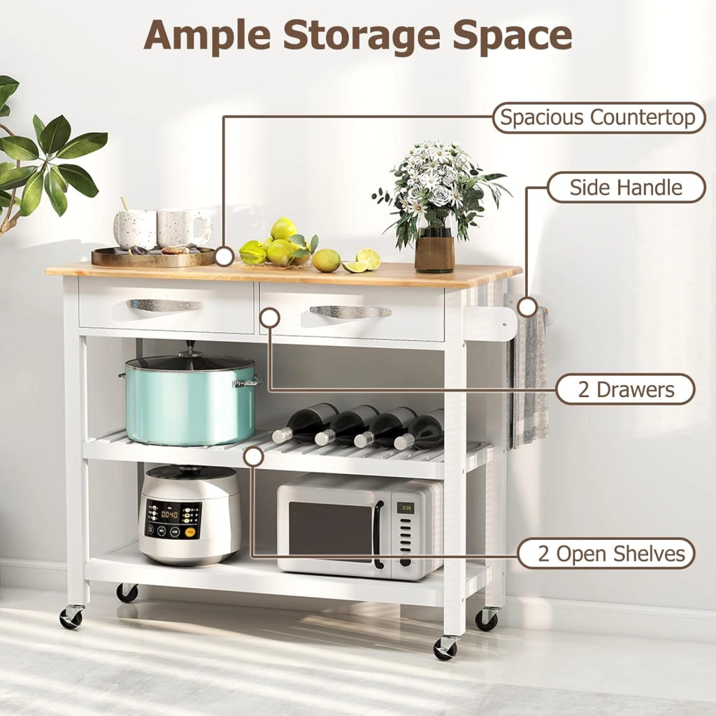 Carrello da cucina con ruote, mobile ausiliario da cucina a 3 livelli con piano di lavoro in legno di gomma, 2 cassetti e 2 ripiani, isola di stoccaggio mobile, sala da pranzo, bar, 116 x 43 x