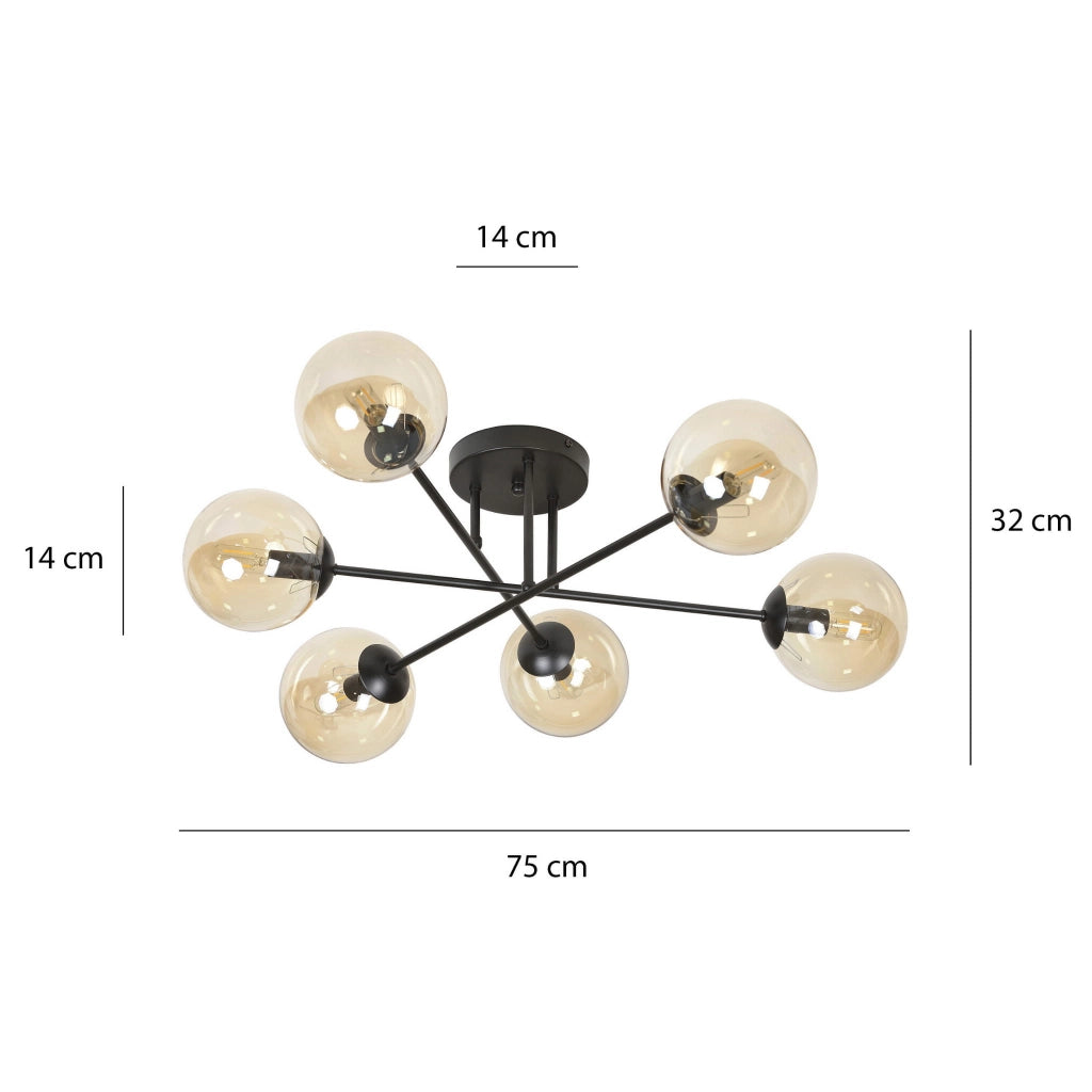 Plafoniera Emibig Brendi 6xE14 nera/miele metallo 75 cm