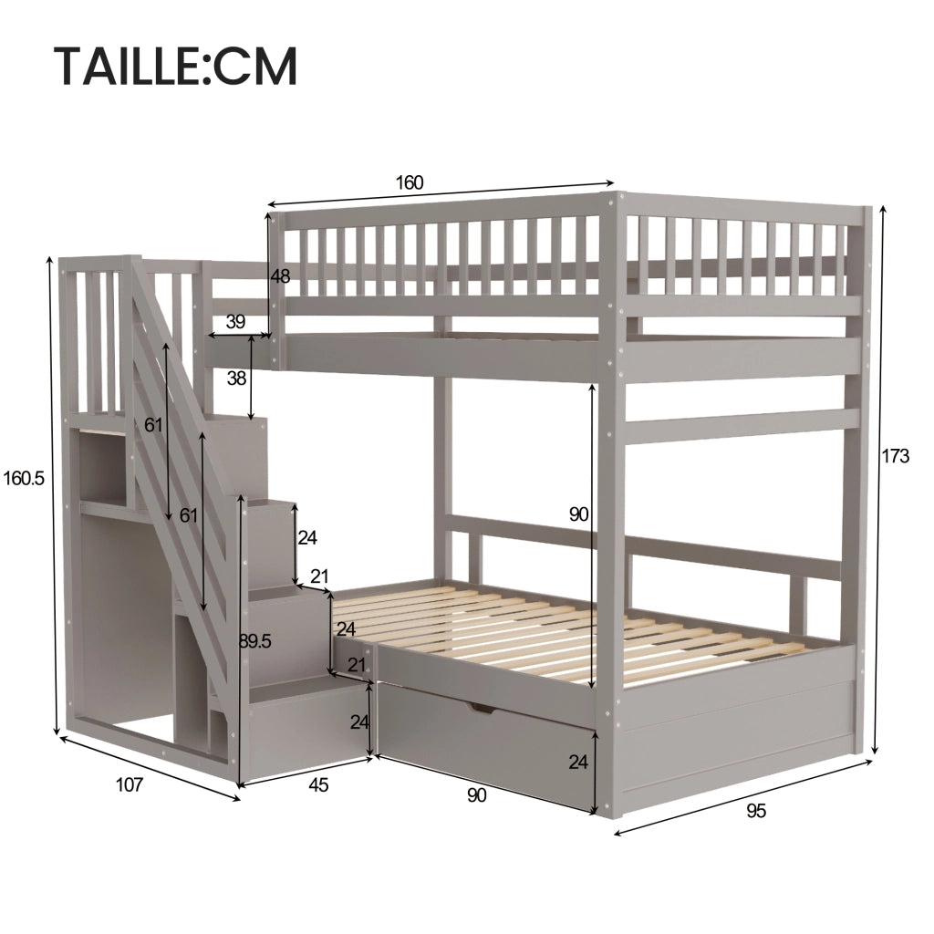 Letto a castello 90×200 cm; letto 2 posti con scala contenitore; cassetti e senza materasso