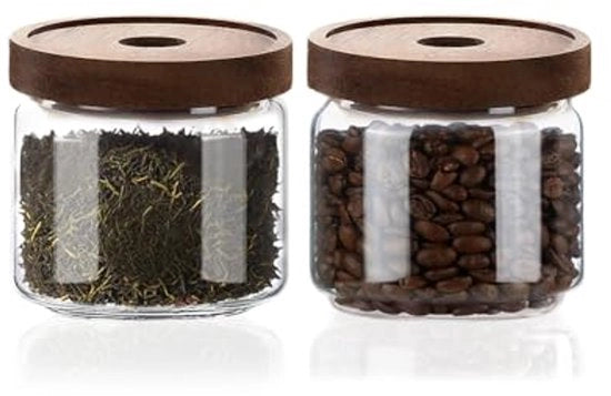 Mini vasi in vetro con coperchi in legno a tenuta d'aria - 500 ml vasi da cucina mini, vasi decorativi da appoggio per caffè in polvere, zucchero, tè in foglie, spezie, sale, matcha, noci, salse, set da 2