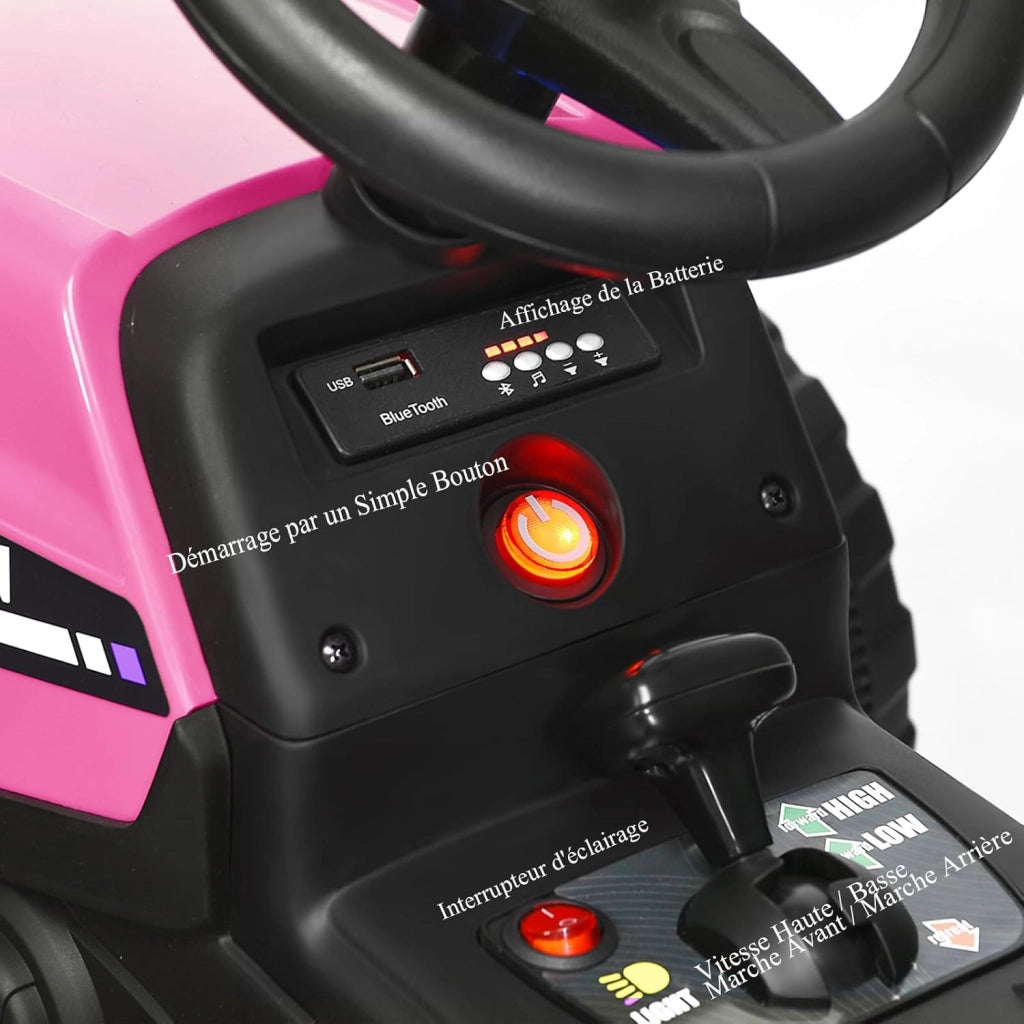 Trattore Elettrico per Bambini 12V con Rimorchio Rimovibile, Trattore Cavalcabile con Telecomando e Pedale Acceleratore, Veicolo con Multimedia, Clacson e Luci, Carico 30 kg (Rosa)