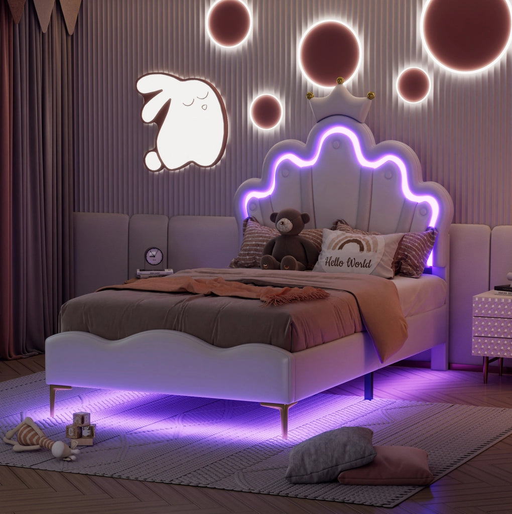 Letto matrimoniale 90x200 cm con testiera a nuvola e luci LED; PU; bianco