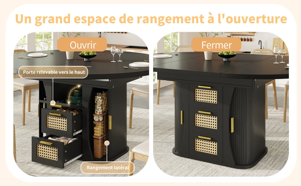 Tavolo da pranzo allungabile con 2 cassetti e vani contenitore, in MDF nero, per cucina e soggiorno