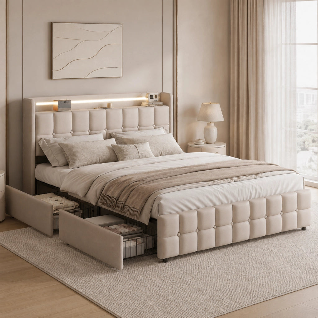 Letto matrimoniale 180x200 cm tessuto lino beige, testiera imbottita con luci RGB‑LED, porte USB, controllo app e telecomando, 4 cassetti contenitori su ruote, doghe in legno