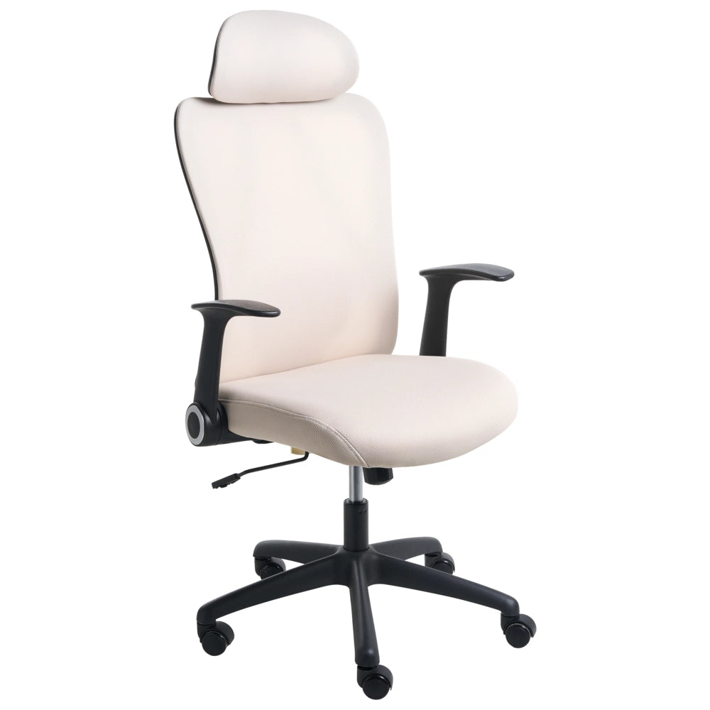 Sedia da ufficio beige in tessuto imbottito girevole da scrivania per computer con poggiatesta regolabile e braccioli ribaltabili
