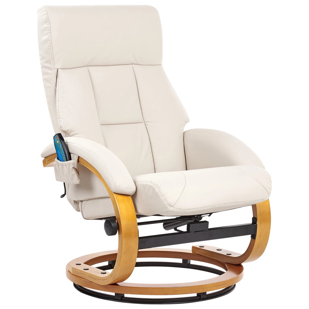 Sedia reclinabile ecopelle beige chiaro con poggiapiedi massaggiante struttura in legno schienale regolabile