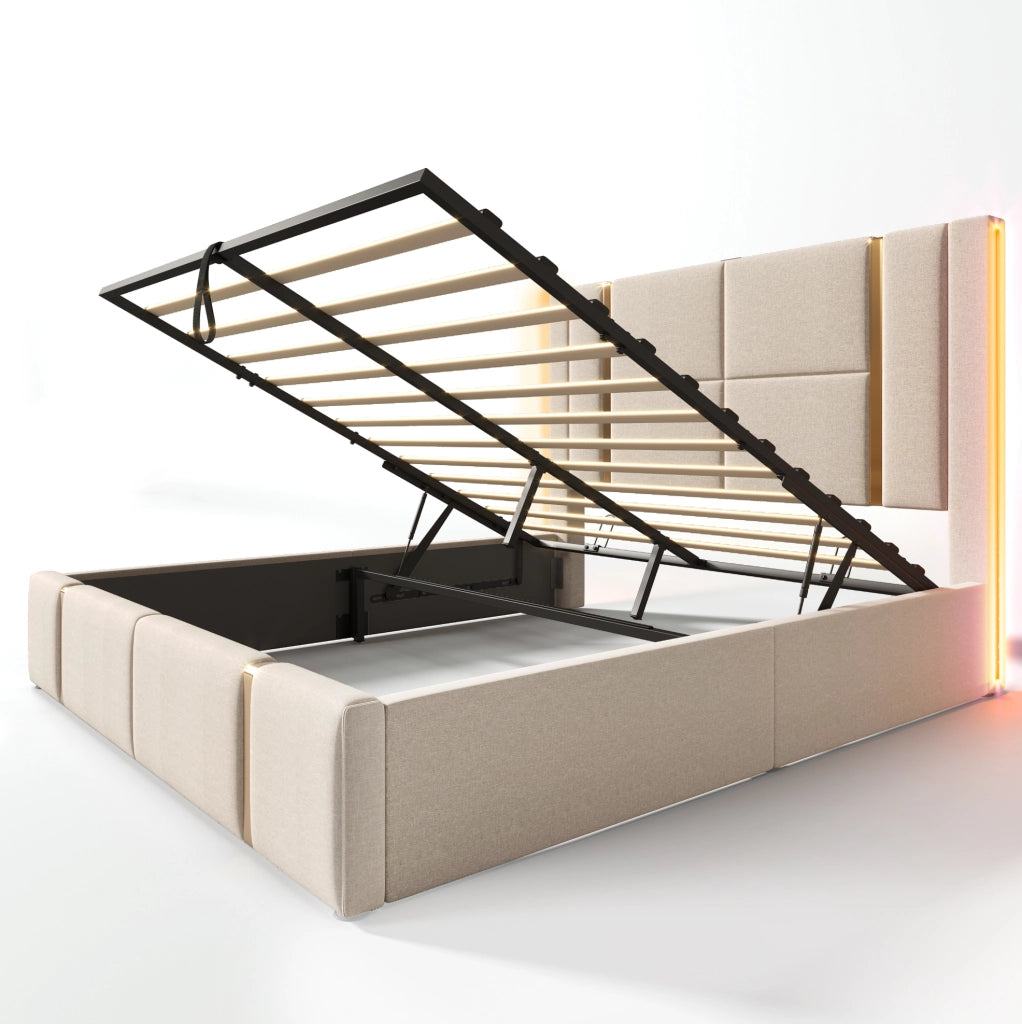 Letto matrimoniale imbottito 160x200 cm beige in lino con LED RGB; USB e USB-C; contenitore