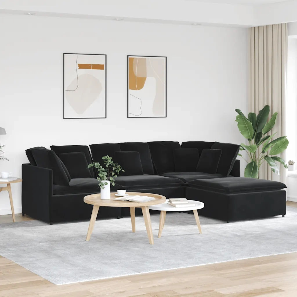 Divano Modulare con Poggiapiedi e Cuscini in Velluto Nero 3321314