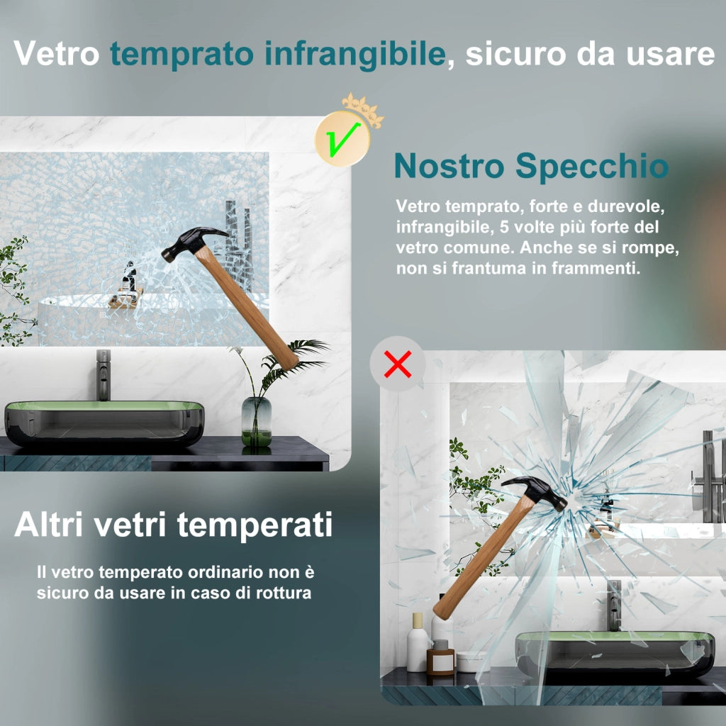 AICA Specchio 100x60cm,Memoria, Antifog,Regorabile,Retroilluminato,doppio interruttore