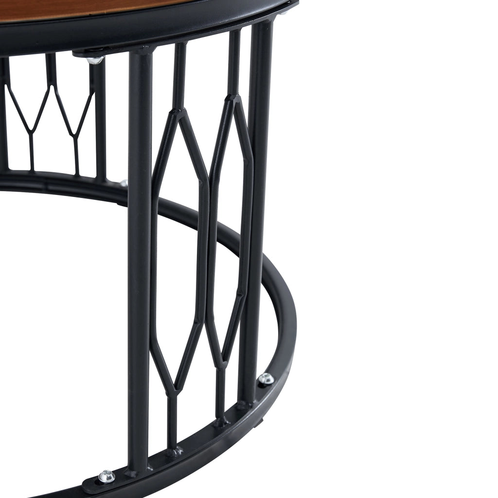 Tavolino basso rotondo con piano effetto legno, base in metallo e anello antiscivolo per soggiorno, noce, 70 × 40,5 cm