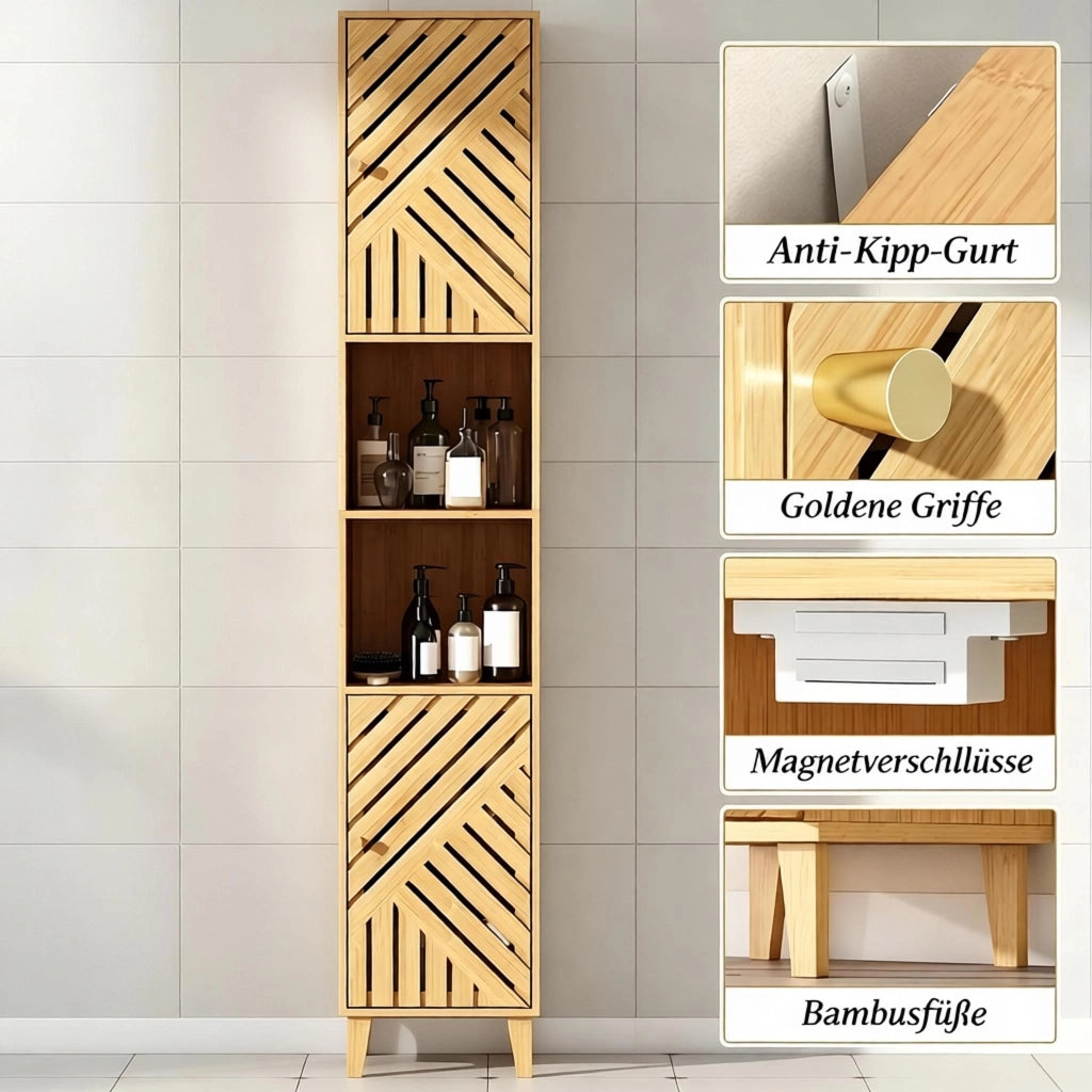 Armadietto da bagno alto con 2 vani aperti, 2 ante e ripiani regolabili, in bambù e truciolare, 32 × 30 × 170 cm