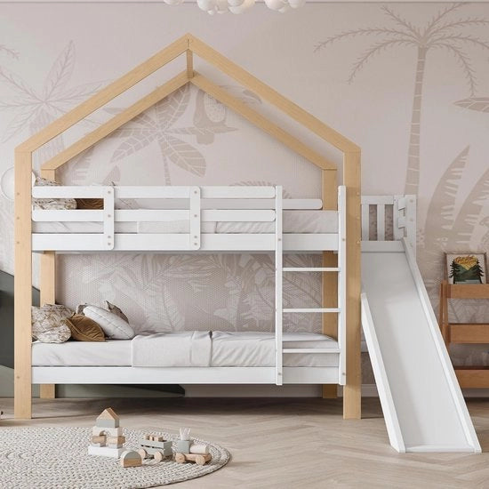 Letto a Castello con Scivolo e Capanna - 90x200 cm Risparmio di Spazio