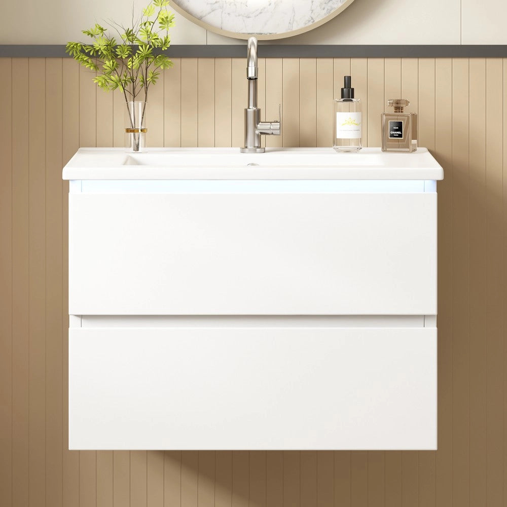 Mobile Bagno Sospeso con Lavabo Integrato e LED ¨C Xylo ¨C Bianco, 2 Cassetti, 61x46x45 cm