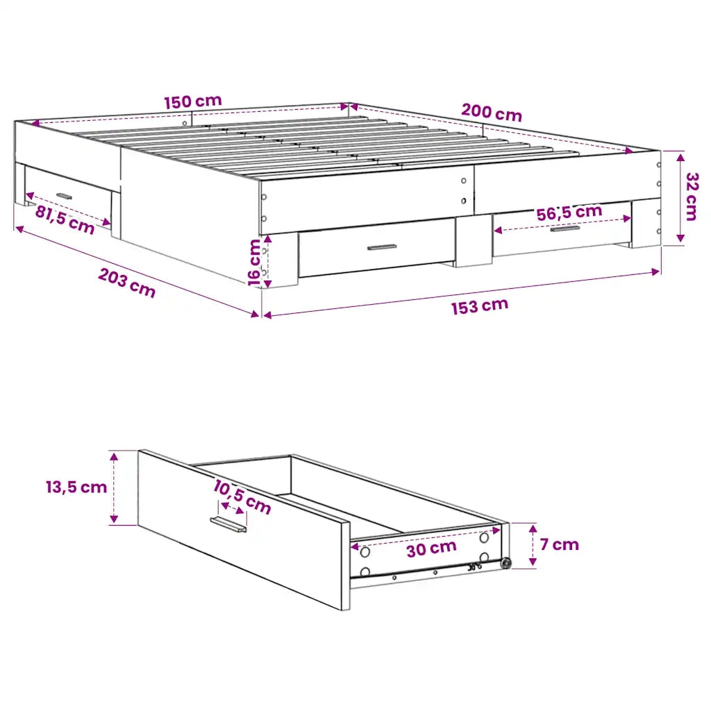 Giroletto Cassetti Grigio Sonoma 150x200 cm Legno Multistrato