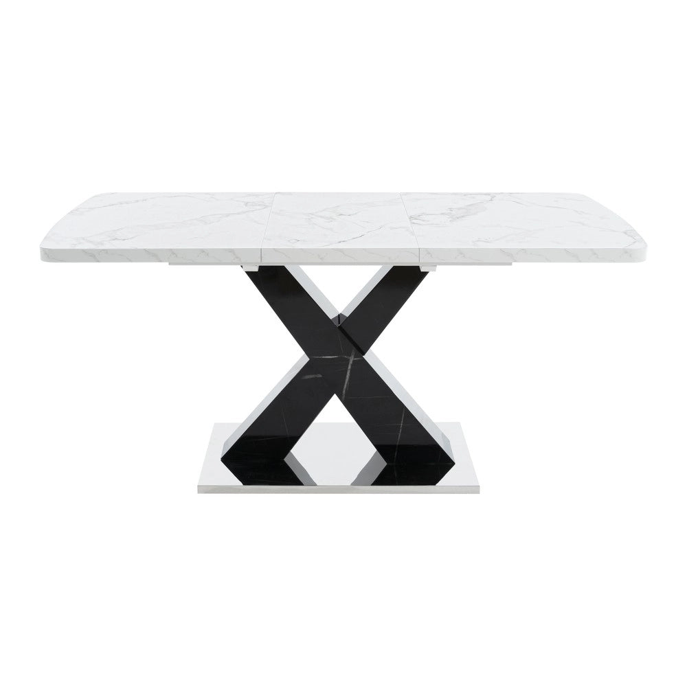 Tavolo da Pranzo Allungabile ¨C MINIMAL ¨C Piano Effetto Marmo Bianco, Gambe Nere in Metallo, 120-160 cm