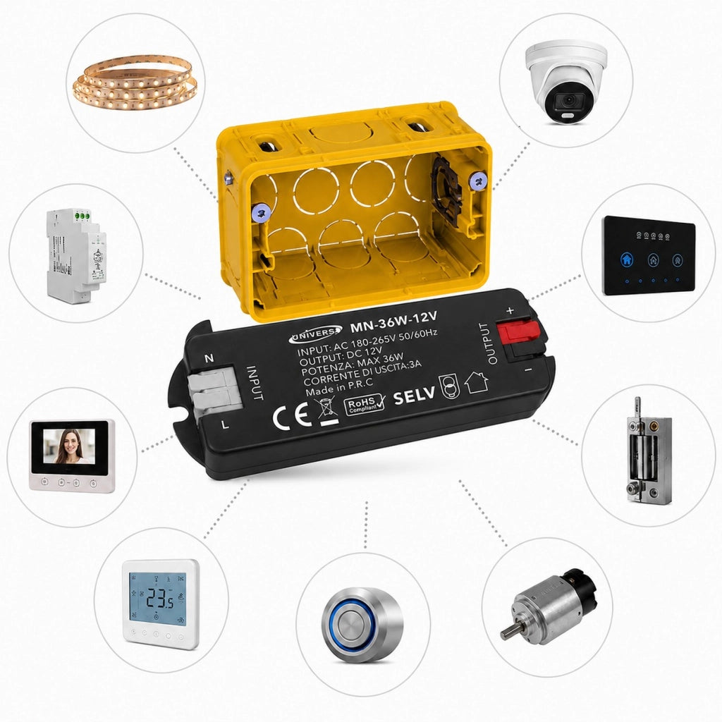 Trasformatore Alimentatore Slim 12V 36W per Scatola 503 Strisce LED Domotica Telecamere Videocitofoni