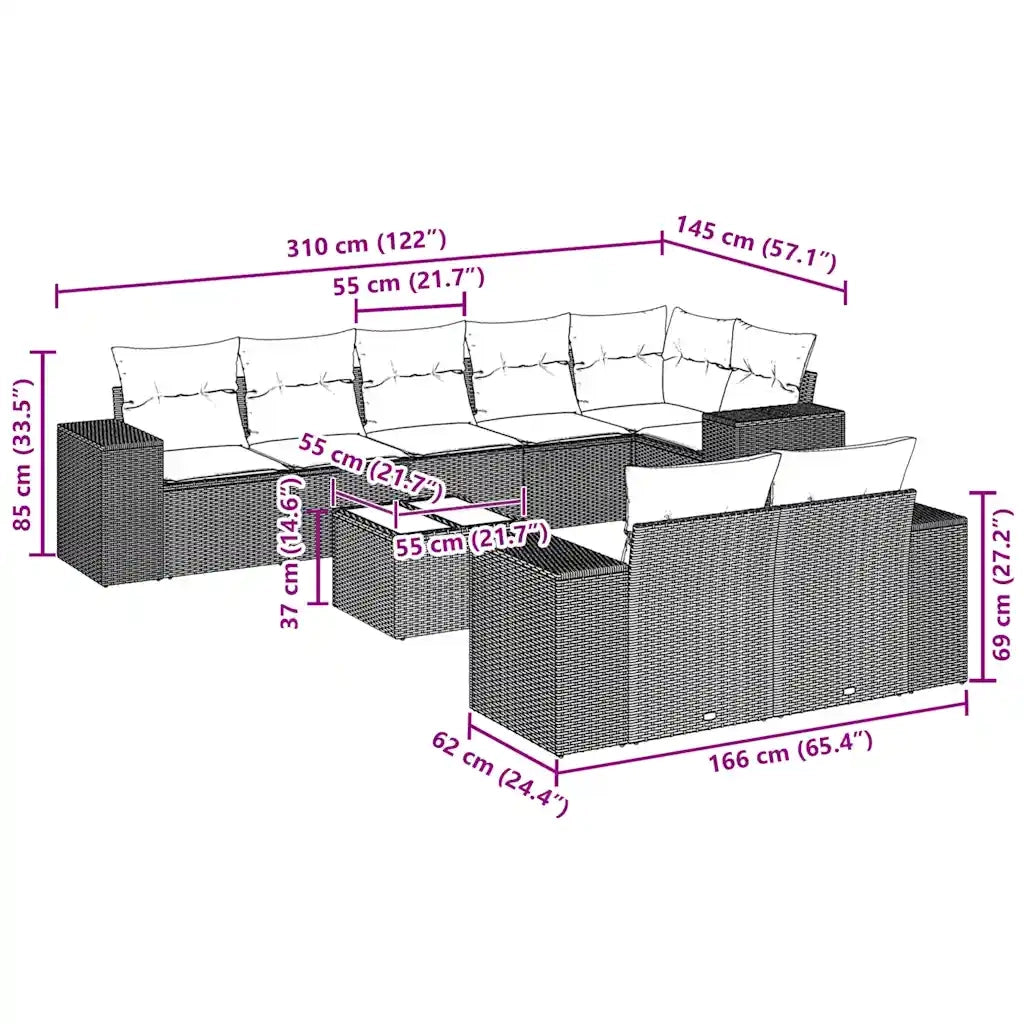 Set Divani da Giardino 9 pz con Cuscini Nero in Polyrattan 3255163