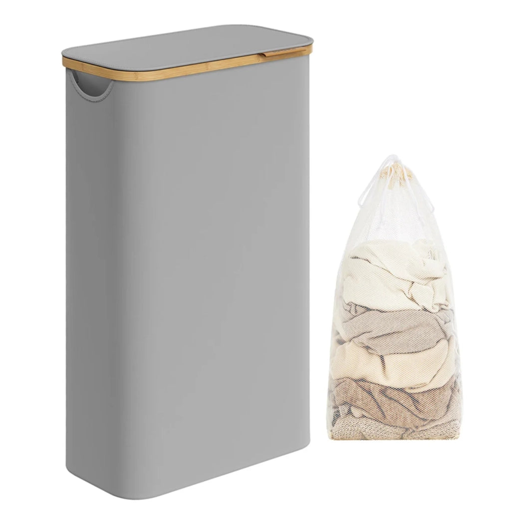 Cesto portabiancheria sottile con coperchio 65 litri salvaspazio fodera in rete rimovibile tessuto Oxford manici in bambù pieghevole grigio 12_0006718