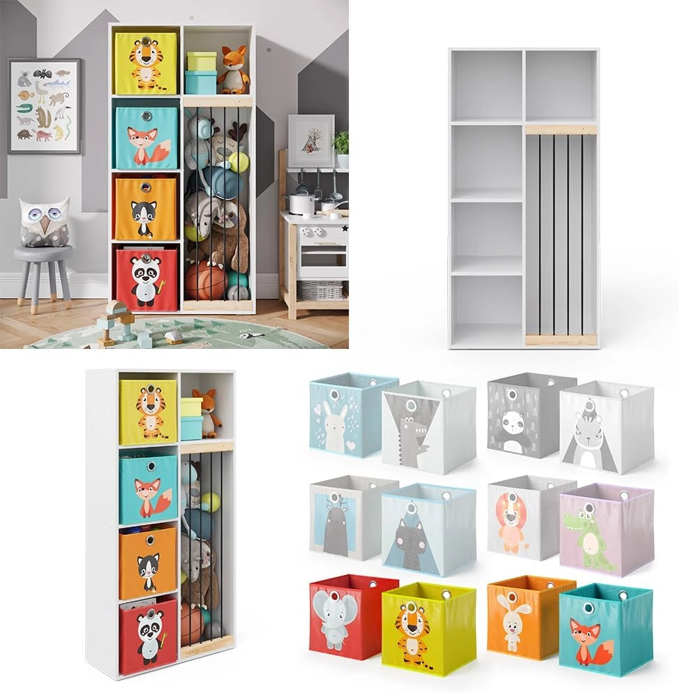 Libreria bambini Marvin, Bianco, 72 x 143 cm con 4 scatole pieghevoli opt.1, adatto per riporre giocattoli e libri