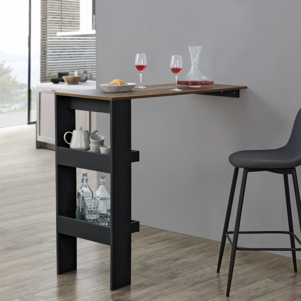 Tavolo Alto Bromölla da Bar Cucina Bancone da Parete con 2 Ripiani 120 x 45 x 106 cm - Effetto Rovere Scuro/Nero [en.casa]