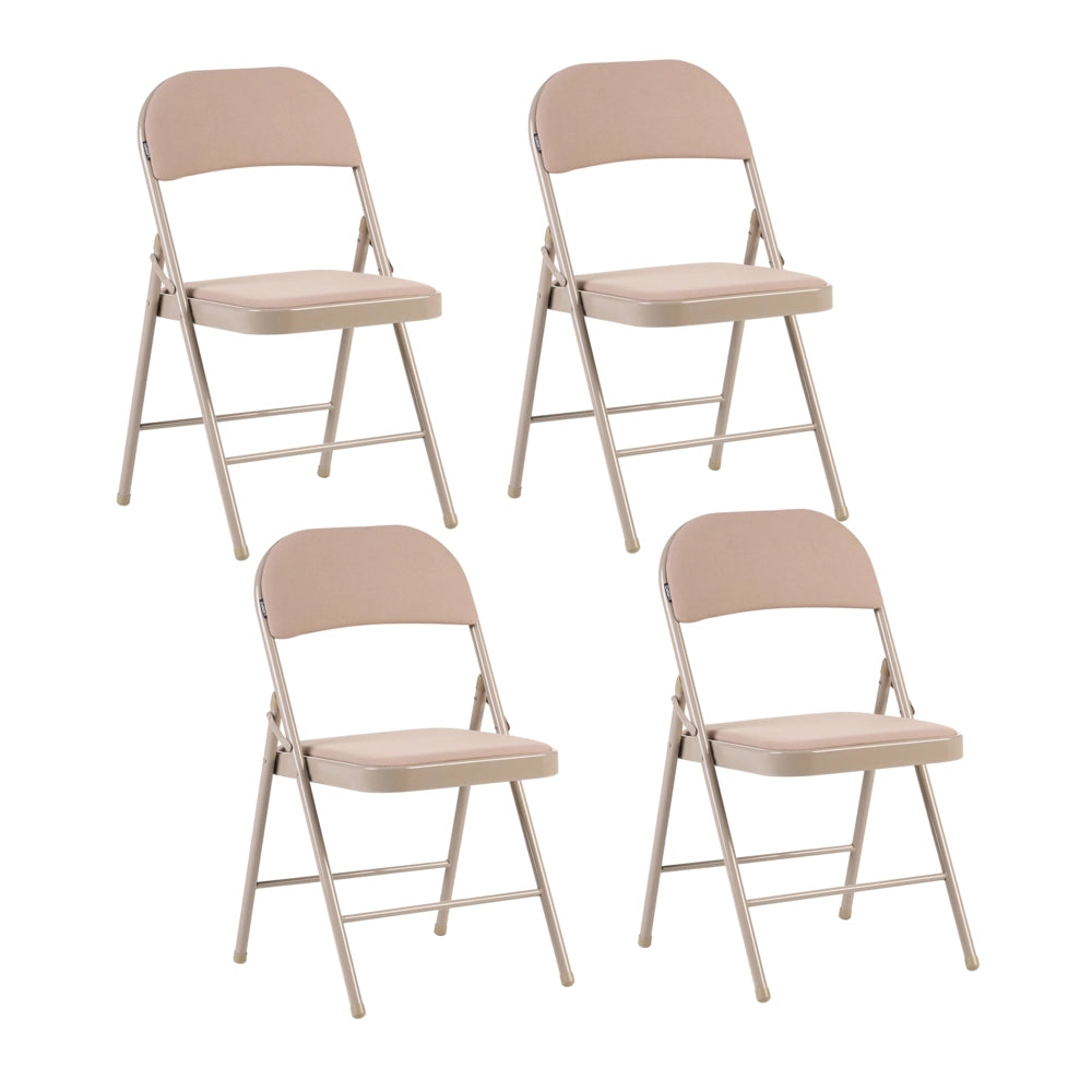 Set di 4 sedie pieghevoli con struttura in metallo beige, seduta e schienale imbottiti in tessuto, sedute ribaltabili