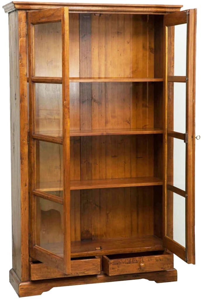 Biscottini Vetrina Country in legno massello di tiglio finitura noce L109xPR36xH180 cm. Made in Italy
