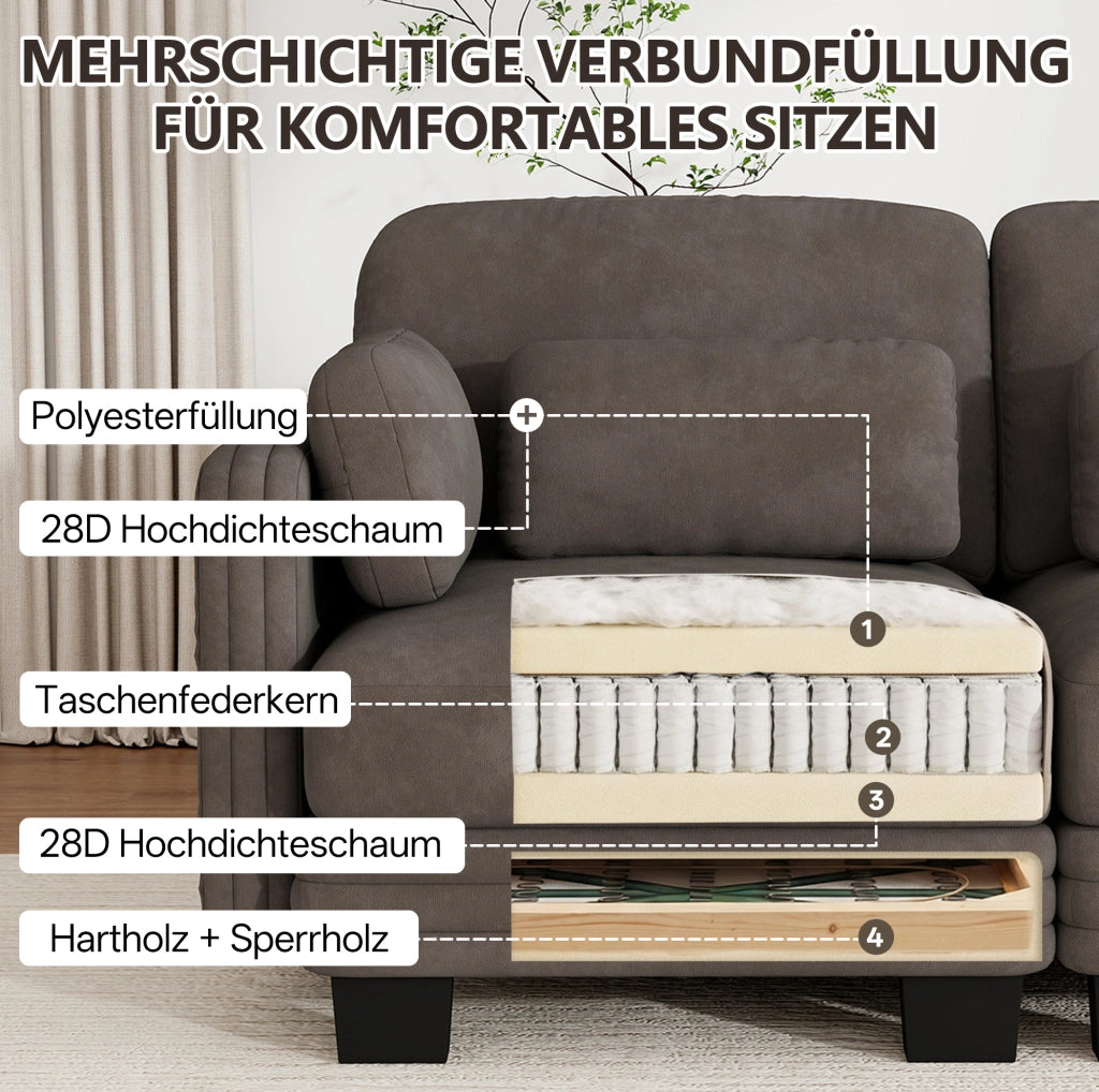 Divano modulare a L in ciniglia marrone con pouf; 253x143x88 cm