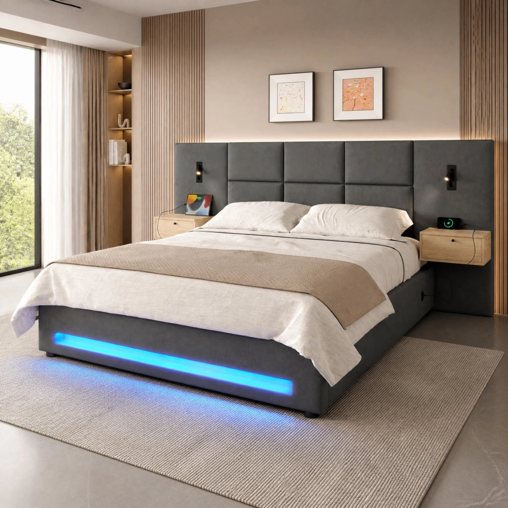 Letto contenitore 180 × 200 cm con cassetti nella testiera, LED, USB Type-C, senza materasso, in velluto, grigio scuro