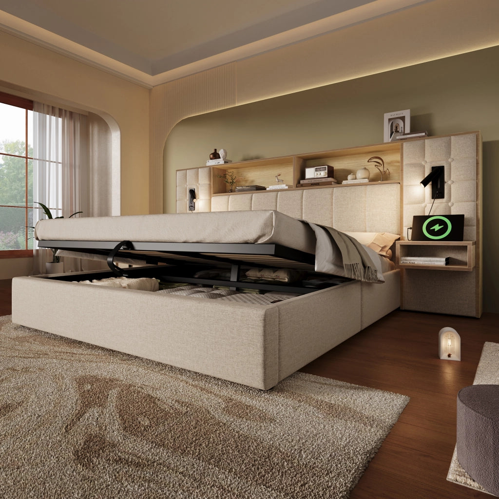 Letto contenitore 180 × 200 cm con luci da lettura, USB e Type-C, 2 comodini sospesi, senza materasso