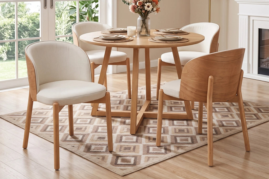 Set di 2 sedie da pranzo in legno massello, rivestimento in lino, schienale avvolgente, colore naturale