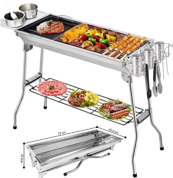 Barbecue in Acciaio Inossidabile - Griglia a Legna - BBQ - 73 x 34 CM - Incluso Attrezzo da Cottura - Color Argento - Acciaio Inossidabile