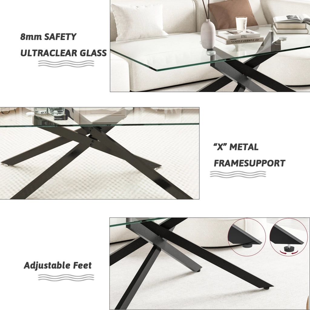 Tavolino basso in vetro temperato con struttura in metallo nero per soggiorno moderno rettangolare 120 × 60 × 46 cm