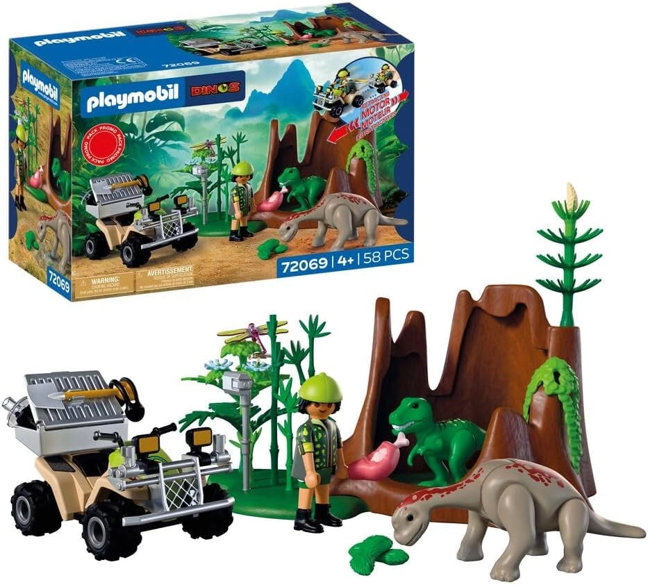 PLAYMOBIL | Dinos | Dinosauri Hideout | Dino Explorer con Quad, Baby T-Rex e Baby Brachiosaurus