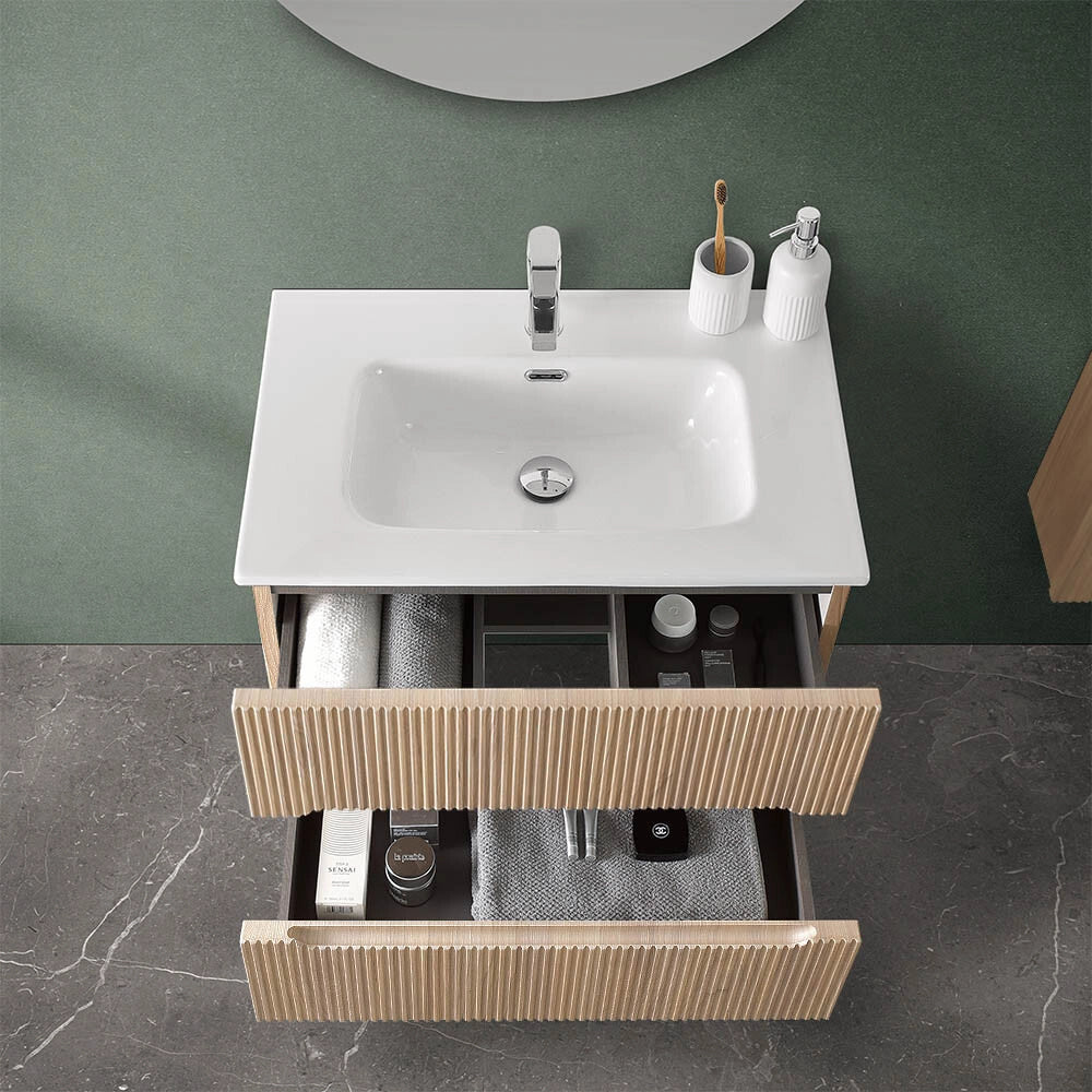 Mobile bagno sospeso cannettato 70 cm rovere chiaro con top Bali