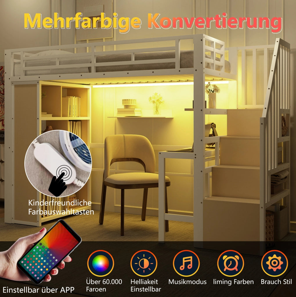 Letto a soppalco 90x200 cm con scrivania; LED e gradini contenitore in metallo e MDF; bianco
