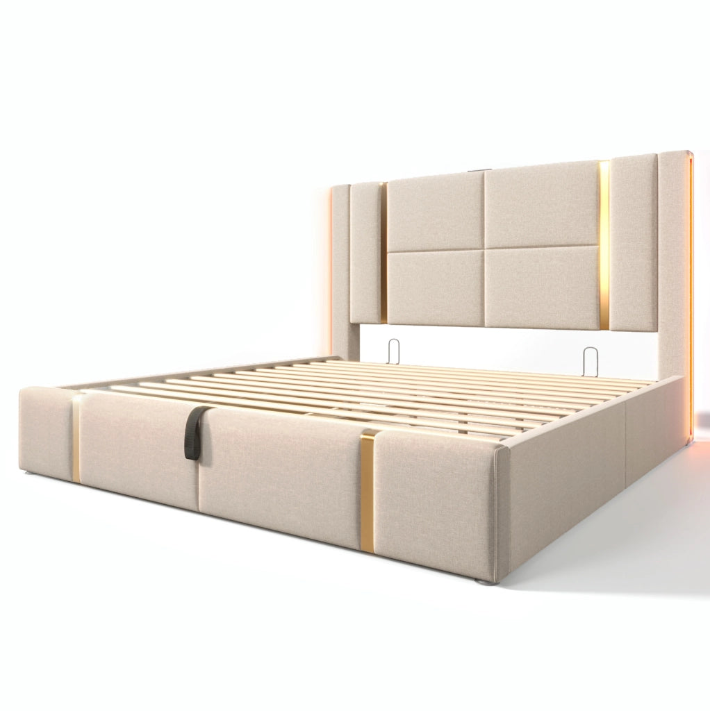 Letto matrimoniale 160x200 cm con contenitore; LED RGB; USB e Type-C; beige in lino