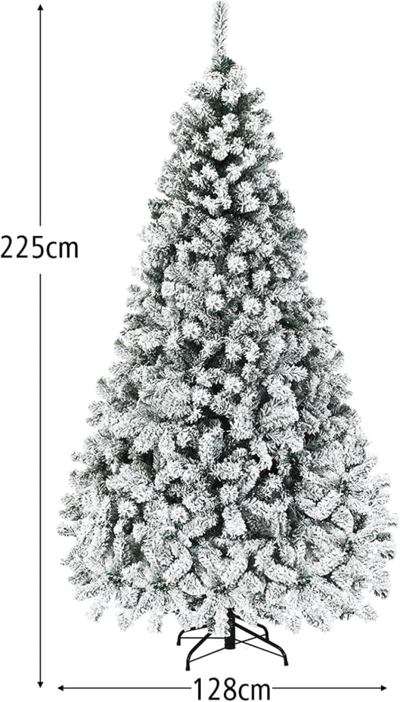 Albero di Natale Innevato 225 cm, Albero di Natale con 450 Luci a LED Bianco Caldo, 1010 Rami Folti e Base Metallica, Ideale per Casa, Ufficio e Negozio (225 CM)