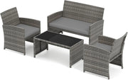 Set Mobili da Giardino in Rattan PE, Divano a 2 Posti e 2 Poltrone con Cuscini Comfort, Tavolino con Piano in Vetro, Arredo da Esterno per 4 Persone per Patio, Balcone, Cortile (Grigio+Grigio)