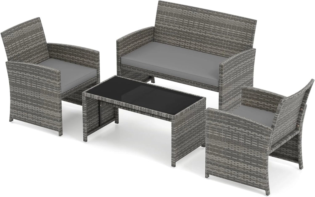 Set Mobili da Giardino in Rattan PE, Divano a 2 Posti e 2 Poltrone con Cuscini Comfort, Tavolino con Piano in Vetro, Arredo da Esterno per 4 Persone per Patio, Balcone, Cortile (Grigio+Grigio)
