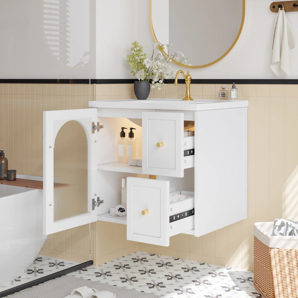 Mobile Bagno Sospeso con Lavabo in Ceramica, LED e Anta in Vetro ¨C MINIMAL ¨C Nero/Bianco