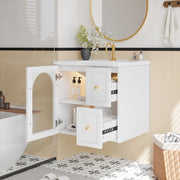Mobile Bagno Sospeso con Lavabo in Ceramica, LED e Anta in Vetro ¨C MINIMAL ¨C Nero/Bianco