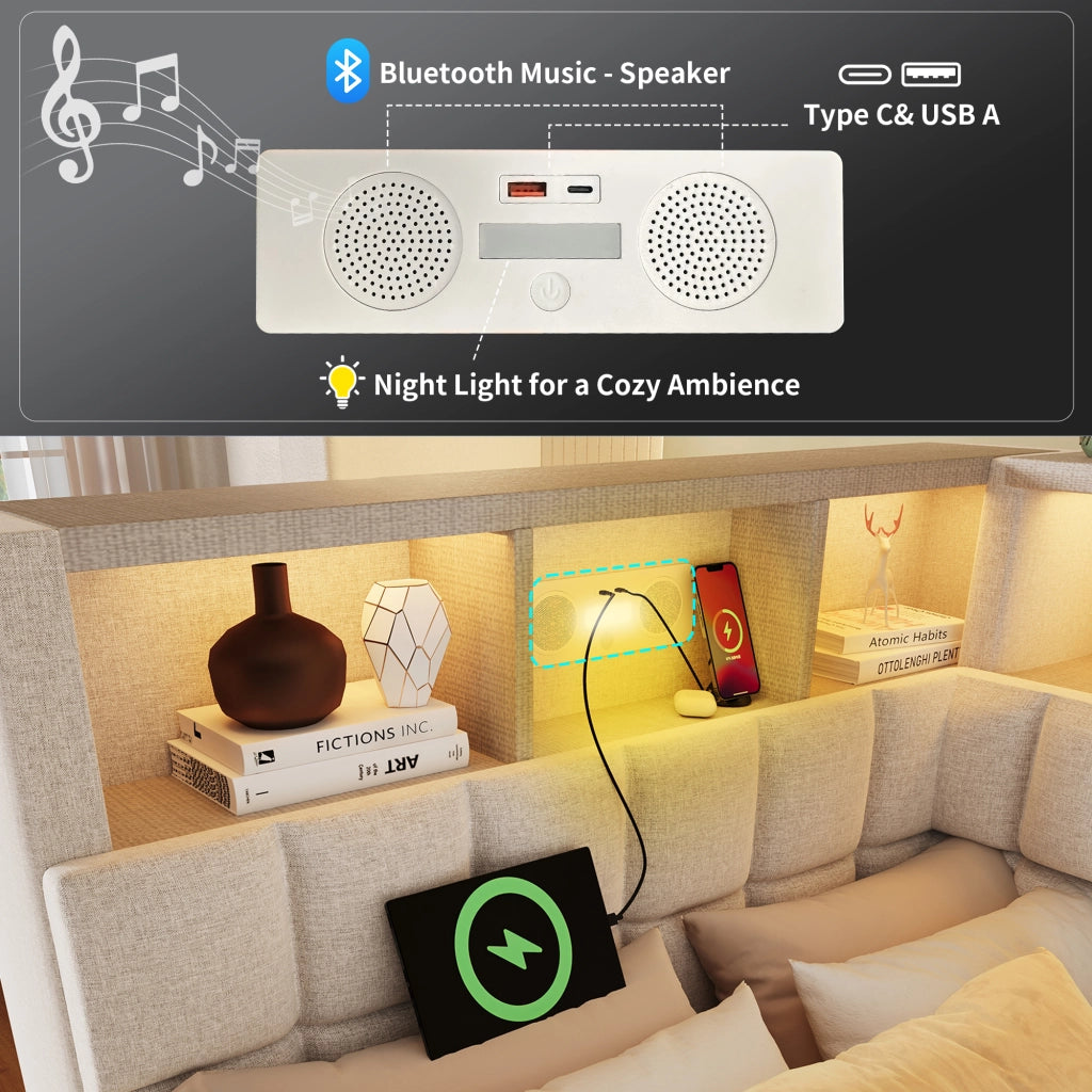 OKWISH Letto a Divano Singolo con Letto estraibile, USB, Tipo C, LED Regolabile e Altoparlante Bluetooth, 90×200 cm, senza Materasso, Beige
