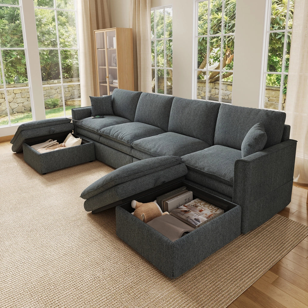 Divano modulare 6 posti a U/L con 2 pouf contenitore e USB; grigio 277x135x80 cm