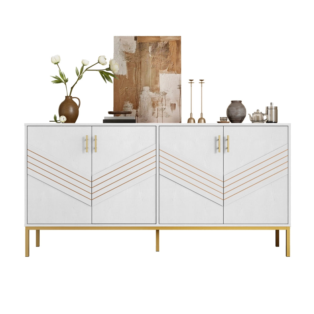 OKWISH Credenza con 4 Ante e 2 Ripiani Regolabili, per Soggiorno o Sala da Pranzo, MDF, Bianco e Legno, 160×40×80,5 cm