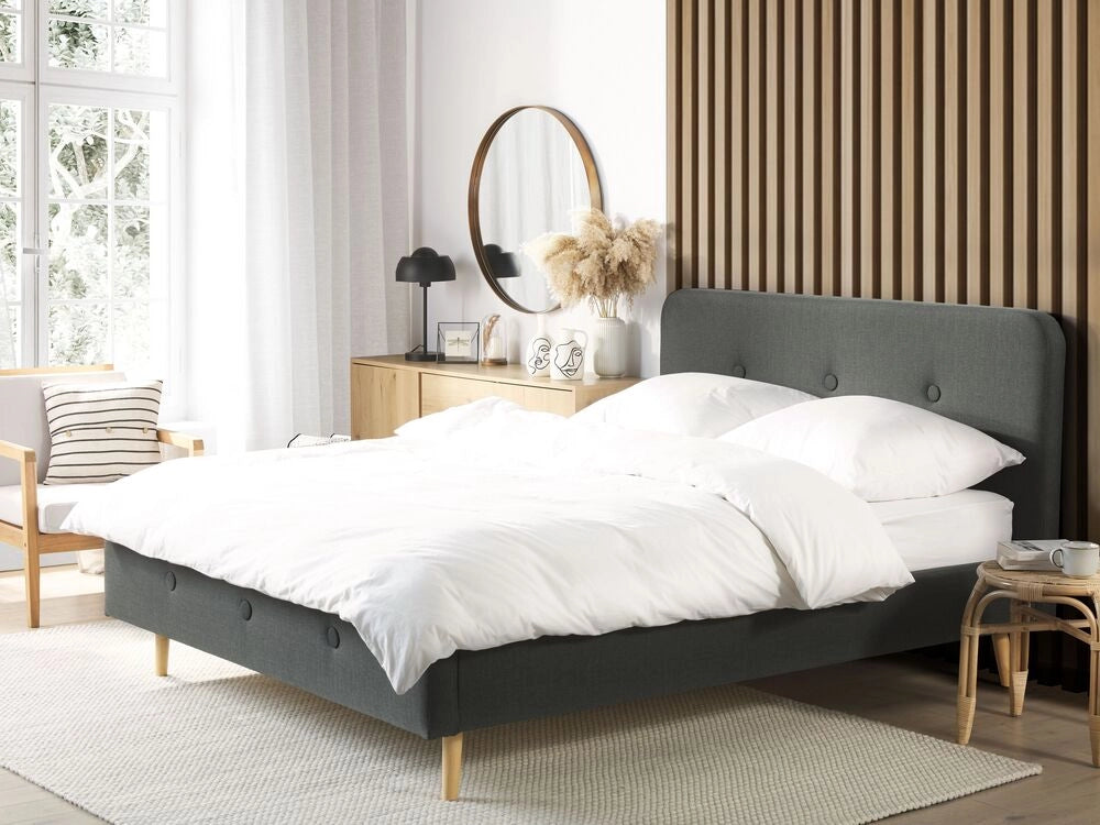 Letto a doghe Tessuto in poliestere grigio scuro Gambe in legno imbottite 140 x 200 cm matrimoniale Design moderno