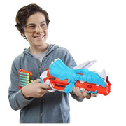 Nerf dinosquad - tricera-blast (blaster con alloggiamento per caricamento di 3 dardi, con supporto dardi e design dinosauro triceratopo, include 12 dardi elite) - F0803EU4