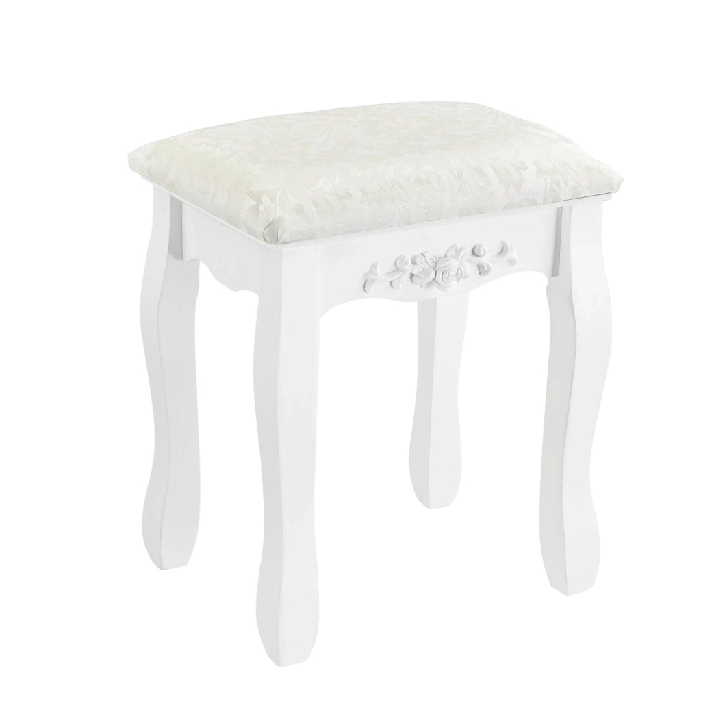 Toletta con specchio 4 cassetti sgabello MDF e legno 141 cm bianco 03_0001499