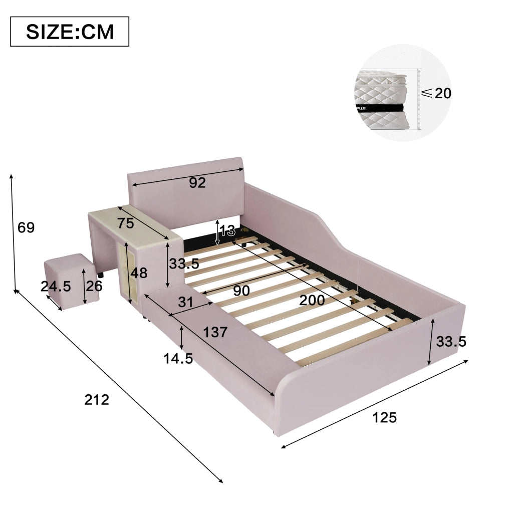 Letto singolo 90x200 cm rosa in velluto con scrivania e sgabello, senza materasso