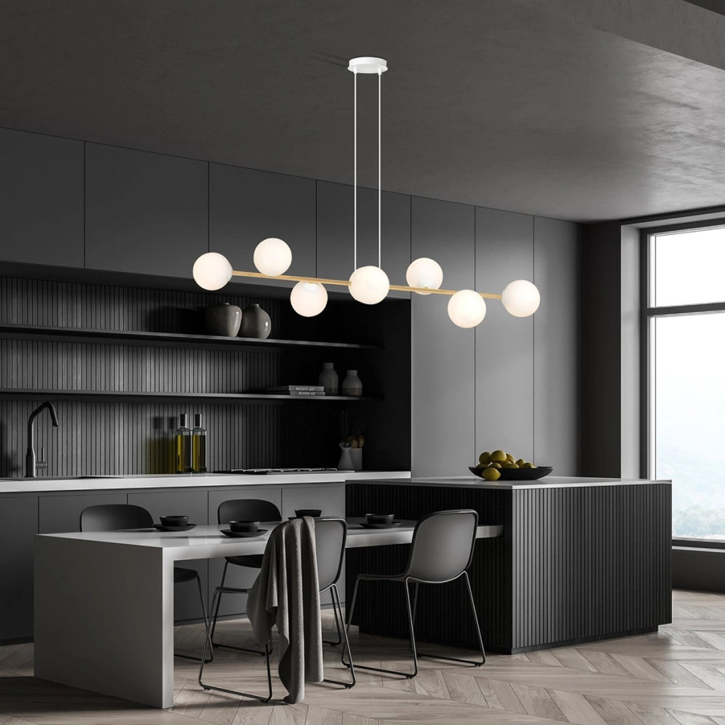 Lampada a sospensione Gravity con diffusori in vetro e dettagli oro